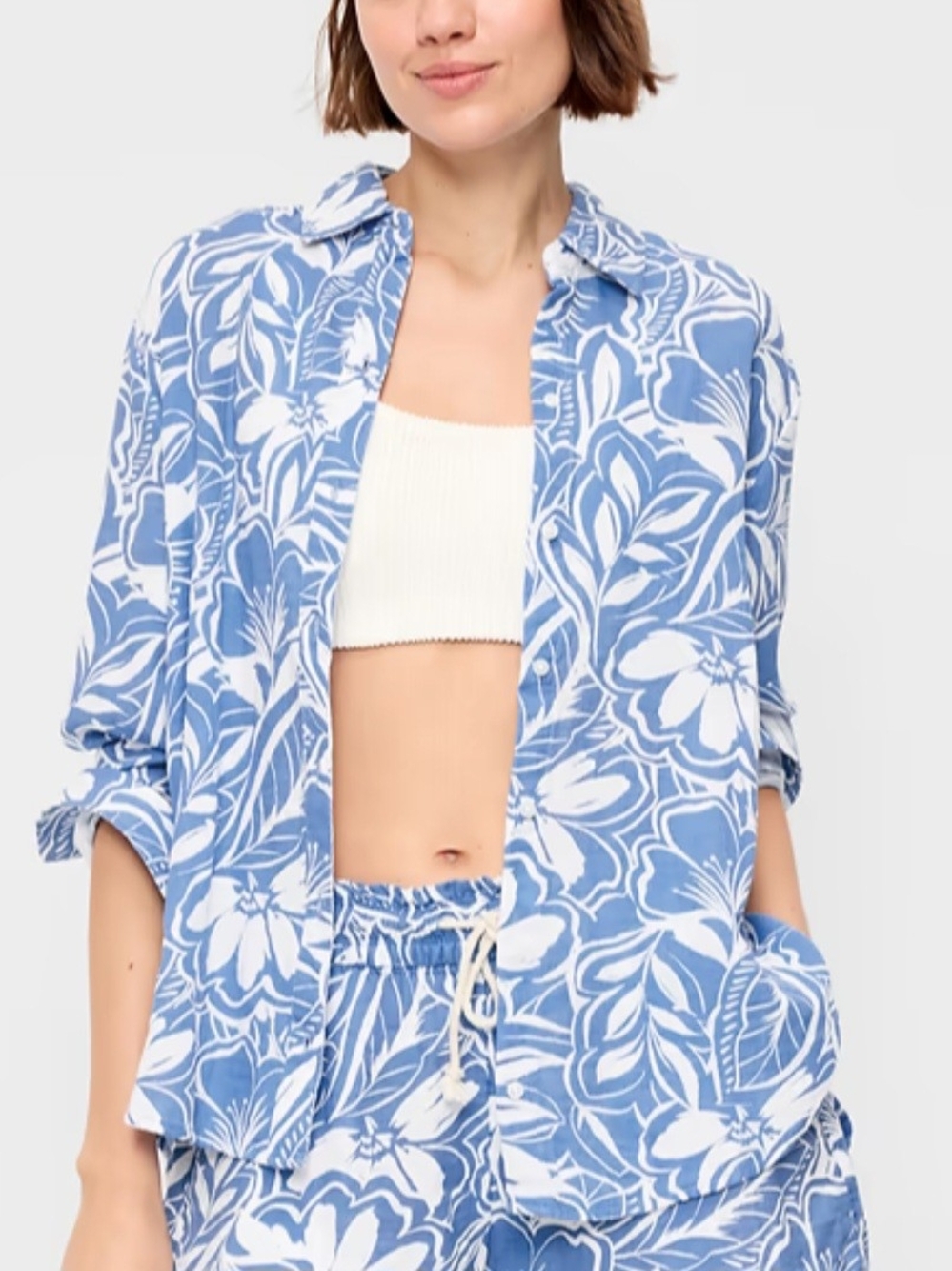 Old Navy (Women's XL Tall) Blue Floral Hawaiian Open-back Cotton Button-Up Shirt